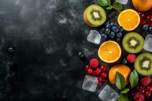 Fresh Fruits with Ice Cubes on Chalk Background. Ai generative photo