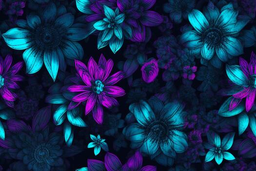 Glowing Flowers Seamless Pattern. Ai generative photo