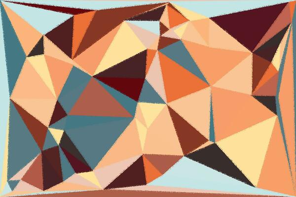 an abstract painting of triangles in orange, blue and red