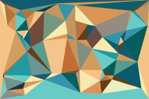 an abstract painting of triangles in orange, blue and red