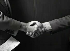 Close up of two businessmen shaking hands in blurred office with computer and contract on table. Concept of partnership and communication Created with Generative AI technology. photo