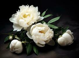 Fresh white peony flowers on dark table background. Condolence card. Empty place for emotional, sentimental text, quote or sayings. Closeup. Created with Generative AI technology. photo