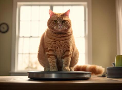 Funny cat sitting on the robot in the living room at home with sofa. Ginger cat, watches the robot with a cleaner, touches it with its paw, runs after robot. Created with Generative AI technology. photo