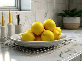 Different clean plates in dish drying rack on kitchen counter. Created with Generative AI technology. photo