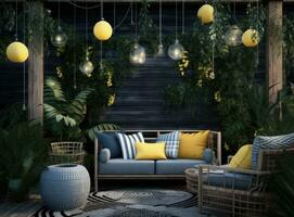 Modern lounge outdoors in backyard. Exterior veranda of house with black Acapulco armchairs and plants pots. Cozy space in patio or balcony with garland. Created with Generative AI technology. photo
