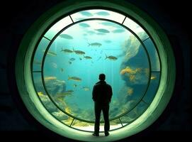 Man watching underwater world through round window in aquarium Created with Generative AI technology. photo
