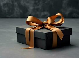 Craft gift box on a dark background, decorated with a textured bow and feathers, creating a romantic luxury atmosphere. For birthday, anniversary presents, Created with Generative AI technology. photo