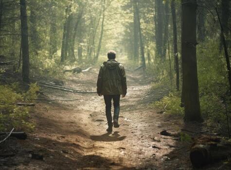 Confused man chooses road outdoor. Created with Generative AI technology. photo