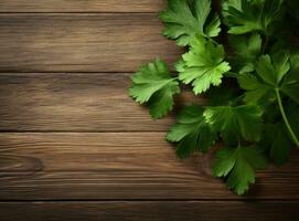 On a dark wooden table, a bunch of green fresh fragrant parsley before adding to food for taste and smell. Created with Generative AI technology. photo