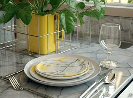 Different clean plates in dish drying rack on kitchen counter. Created with Generative AI technology. photo
