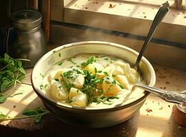 Composition with tasty mashed potatoes on light background. Created with Generative AI technology. photo
