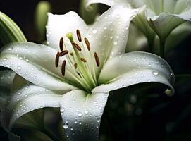 Lily flower on the dark background. Condolence card. Empty place for a text. Created with Generative AI technology. photo