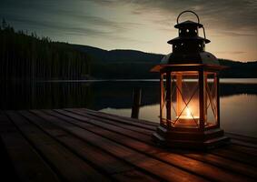 Old kerosene lantern with warm yellow light on a bridge by a lake in the evening. Burning lantern on a stone in the moonlight. The light of the sun reflecting Created with Generative AI technology. photo
