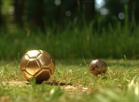 Trophy of the FIFA World Cup on the green grass of the football field. Created with Generative AI technology. photo