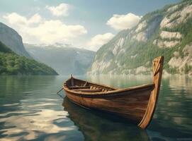Beautiful view of traditional wooden rowing boat on scenic Lago di Braies in the Dolomites in scenic morning light at sunrise. Created with Generative AI technology. photo
