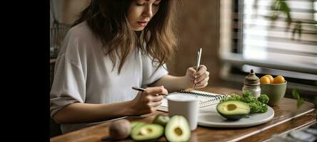 young female planning menu to eat ketogenic diet during weight loss program. Created with Generative AI technology. photo