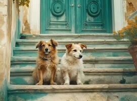 two dogs are lying on the porch. Little Jack Russell Terrier and a Nova Scotia Duck Tolling Retriever. Created with Generative AI technology. photo