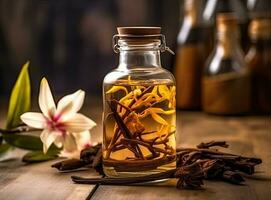 Aromatic homemade vanilla extract on wooden table, closeup. Space for text. Created with Generative AI technology. photo