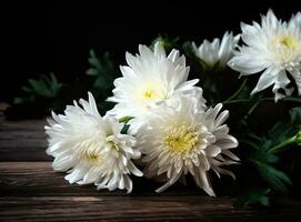 A bunch of white daisy flowers on rustic chalkboard table surface, with blur copy space background. Created with Generative AI technology. photo