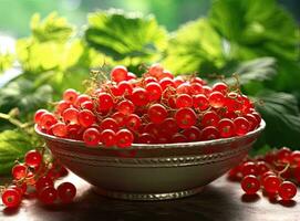 Basket of ripe raspberries on wooden table in a garden. Created with Generative AI technology. photo