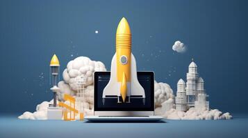 Business start up concept with rocket launching to space. photo