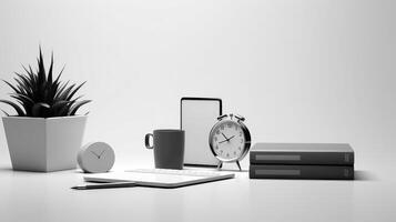 Realistic Clock on Workplace for Business Concept. Time Management and Self Organization. photo