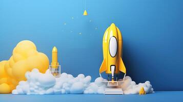 Business start up concept with rocket launching to space. photo