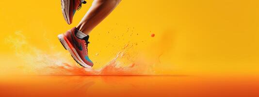 Close up Athlete Runner legs, Running Tournament Competition, Running Shoes Advertising Concept. photo