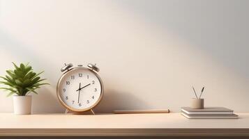 Realistic Clock on Workplace for Business Concept. Time Management and Self Organization. photo