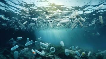 Stop Ocean Plastic Pollution Concept, Environmental Problem Plastic and Microplastic on the Water. photo