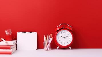 espalda a colegio concepto con reloj en rojo y blanco antecedentes. creado generativo ai foto