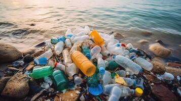 Stop Ocean Plastic Pollution Concept, Environmental Problem Plastic and Microplastic on the Water. photo