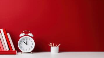 Back to School Concept with Clock on Red and White Background. Created photo