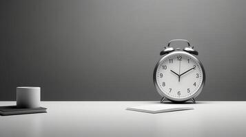 Realistic Clock on Workplace for Business Concept. Time Management and Self Organization. photo