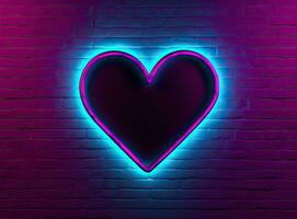 Neon heart with a glow on the background of a dark brick wall. Neon sign pink and blue. Created with Generative AI technology. photo