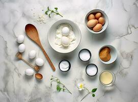 Baking culinary ingredients. Eggs, flour, whisk and kitchen textile on bright grey concrete background. Cookies, pie or cake recipe mockup. Top view. Created with Generative AI technology. photo