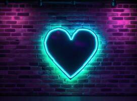 Neon heart with a glow on the background of a dark brick wall. Neon sign pink and blue. Created with Generative AI technology. photo