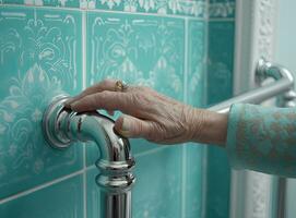 asiático mayor o mayor antiguo dama mujer paciente utilizar baño baño encargarse de seguridad en enfermería hospital, sano fuerte médico concepto. creado con generativo ai tecnología. foto