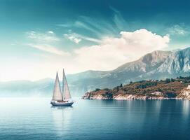 Sailing boat in the sea against the backdrop of mountains. Created with Generative AI technology. photo