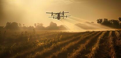 Agriculture drone fly to sprayed fertilizer on row of cassava tree. smart farmer use drone for various fields like research analysis, terrain scanning technology. Created with Generative AI technology photo