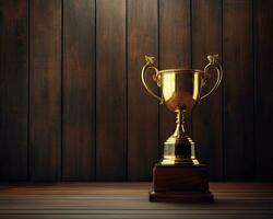 Trophy on top of wooden table in front of dark background. copy space ready for your design win concept. Created with Generative AI technology. photo