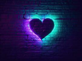 Neon heart with a glow on the background of a dark brick wall. Neon sign pink and blue. Created with Generative AI technology. photo