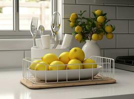 Different clean plates in dish drying rack on kitchen counter. Created with Generative AI technology. photo