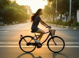 Young sport woman riding bicycle in the evening in public park. Beautiful athlete fit and firm girl in sportswear wear helmet, exercise by cycling workout. Created with Generative AI technology. photo