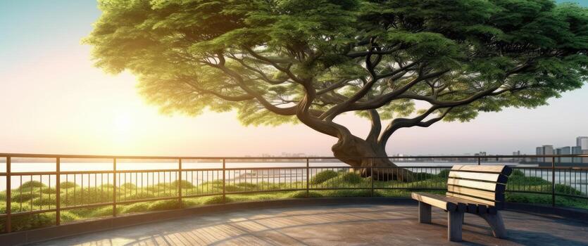 Panorama of a beautiful city park. Created with Generative AI technology. photo