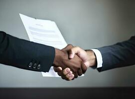 Close up of two businessmen shaking hands in blurred office with computer and contract on table. Concept of partnership and communication Created with Generative AI technology. photo