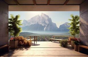 Balcony view of mountains. Landscape. Sunny Day. Terrace with a beautiful view. Background with beautiful landscape. Created with Generative AI technology. photo