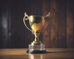 Trophy on top of wooden table in front of dark background. copy space ready for your design win concept. Created with Generative AI technology. photo