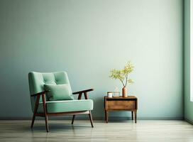 foto de blanco de madera alacena con Fresco planta y menta pantalla de lámpara. creado con generativo ai tecnología.