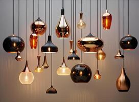 Different modern streamlined mirror copper chandeliers. Bubble metal copper shade pendant. Created with technology. photo